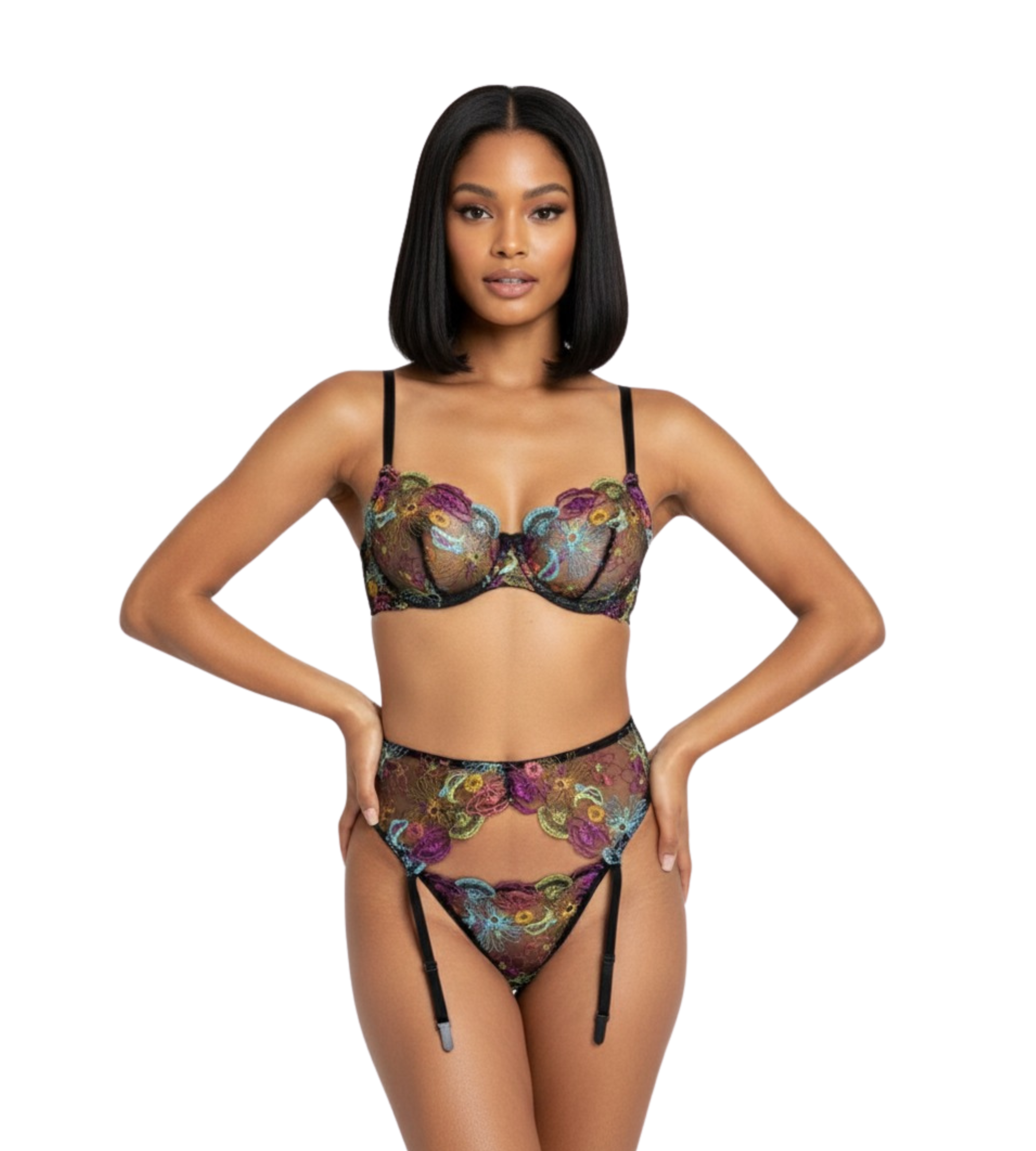 Floral Embroidered Lingerie Set – 3-Piece