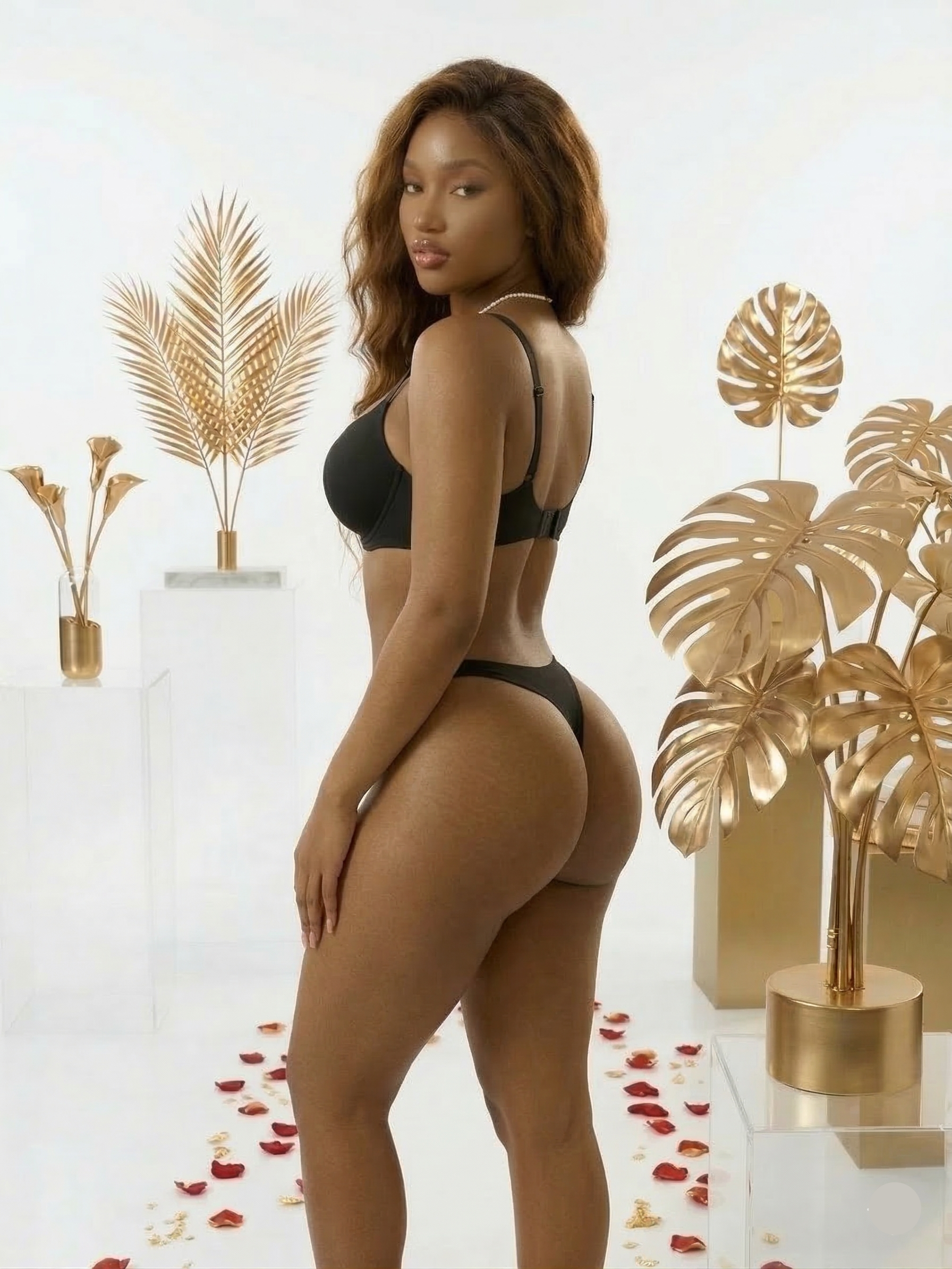 Woman in black lingerie standing in a decorated room with gold leaf decorations and rose petals on a white floor.