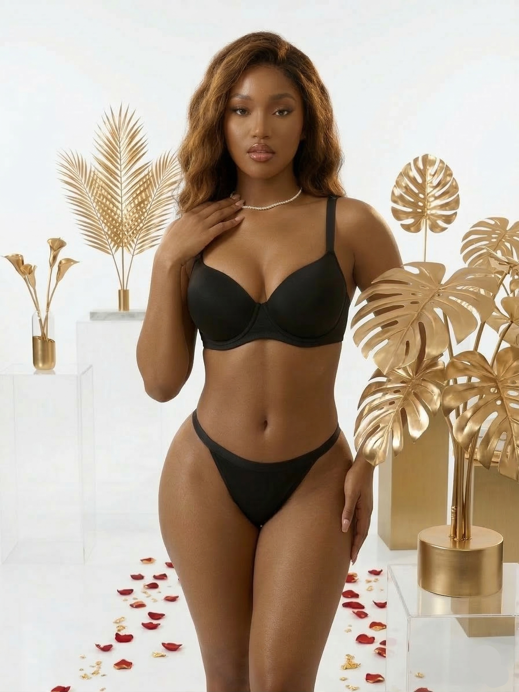 Woman wearing a black bikini set with decorative plants and flowers in the background