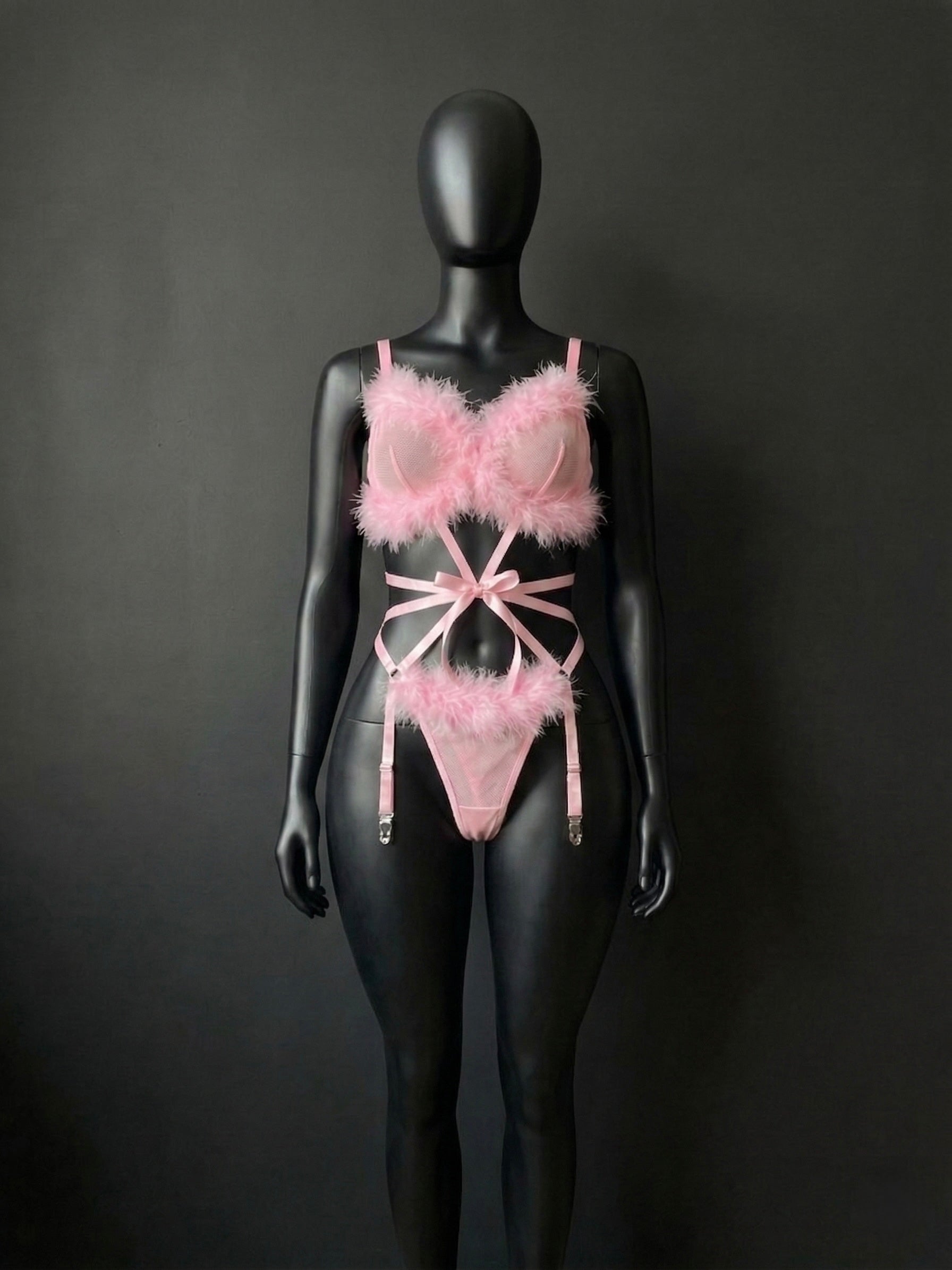 Pink Pixie: Marabou Feather & Mesh Lingerie Set